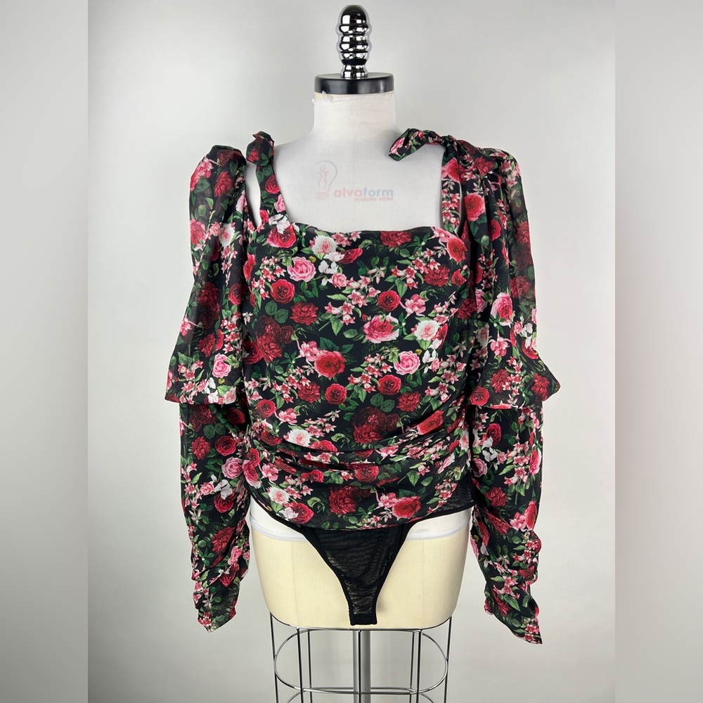 💚 3104. Chiffon Floral Tie Strap Bodysuit